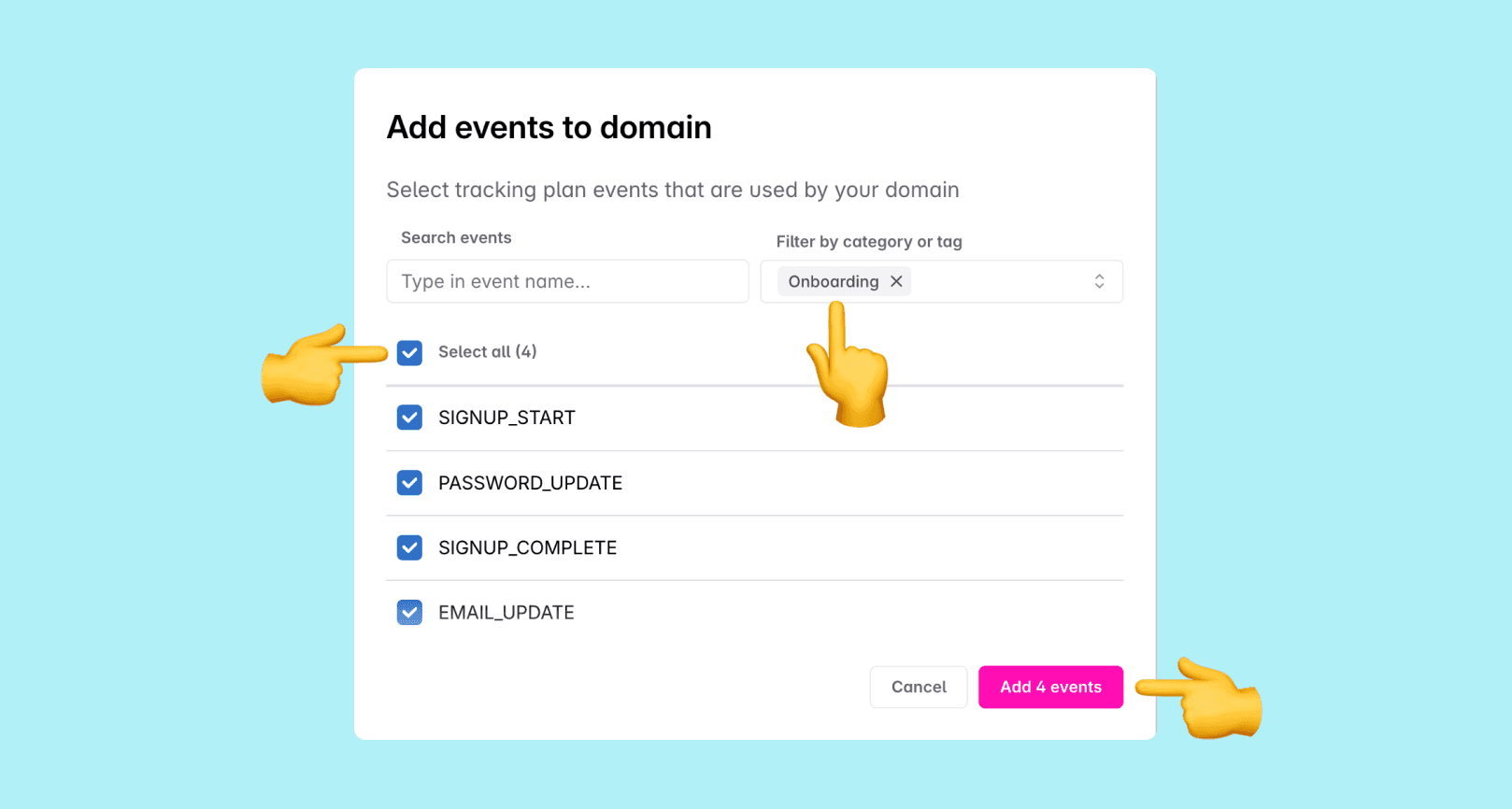 Screenshot of a modal to add events to a stakeholder team