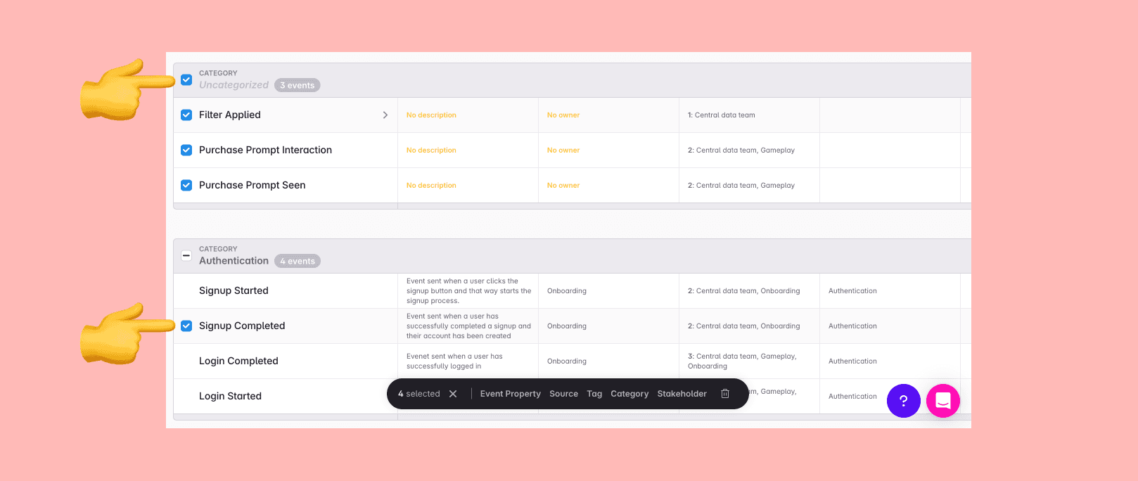 Bulk selecting events to edit